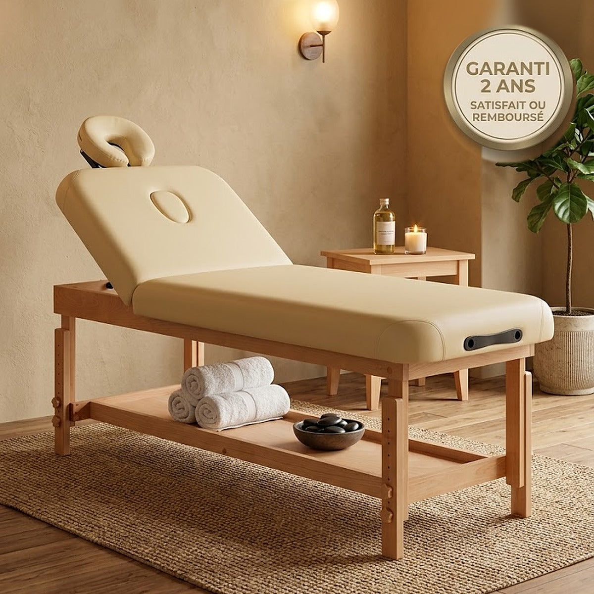 Table de massage fixe en bois Margaux Confort avec trou visage, dossier relevé et étagère, dans un cabinet de massage