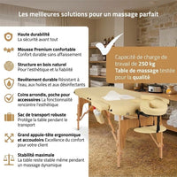 Atouts de la table de massage pliante en bois Colette beige : charge 250 kg, mousse premium, coins arrondis, sac inclus