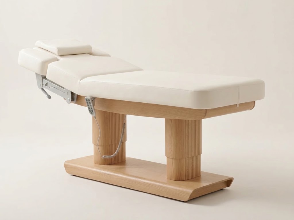 Table de soin spa électrique Table de soin spa électrique Aurore, double colonne en bois cannelé, sellerie blanc perle, base chêne
