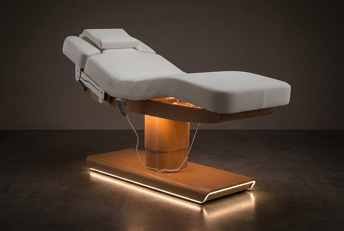 Éclairage LED d’ambiance sous la base d’une table de massage Zoemass
