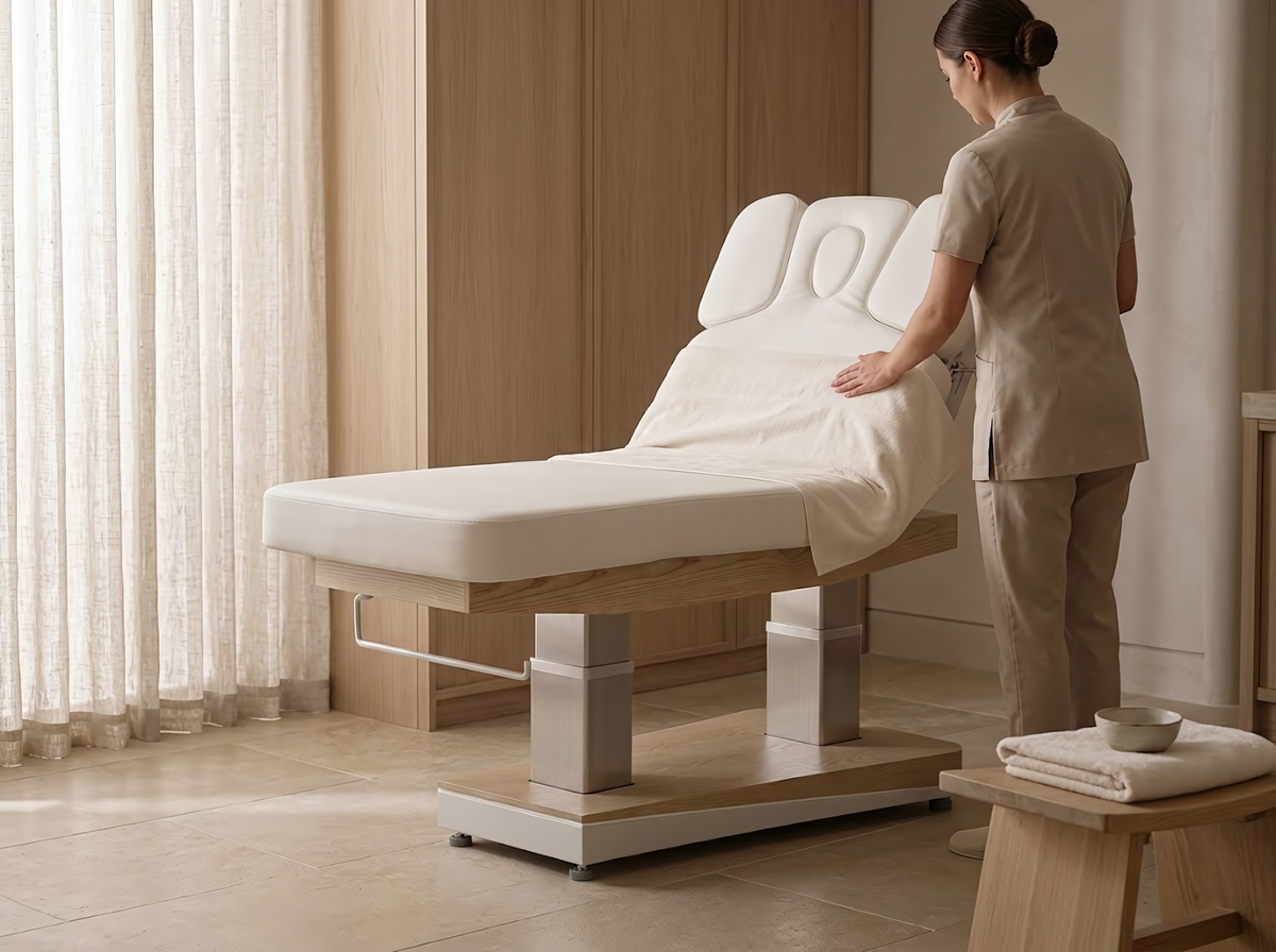 Table de massage électrique Aria · Bois en ambiance spa, frêne clair, sellerie blanc porcelaine