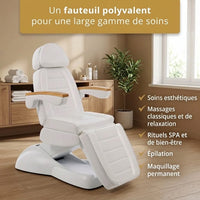 Fauteuil esthétique électrique Romane Deluxe blanc, polyvalent pour soins esthétiques, massage, épilation et maquillage permanent