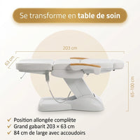 Fauteuil esthétique Romane Deluxe à plat en table de soin : 203 × 63 cm, hauteur 65 à 100 cm