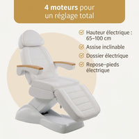 4 moteurs du fauteuil esthétique Romane Deluxe : hauteur, assise, dossier et repose-pieds électriques
