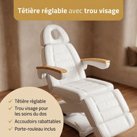 Têtière réglable avec trou visage et accoudoirs rabattables du fauteuil esthétique Romane Deluxe