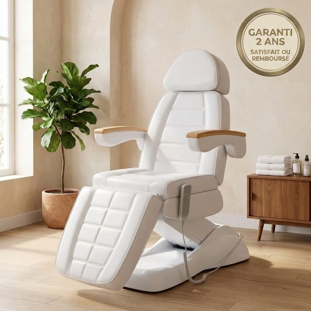 Fauteuil esthétique électrique Romane Deluxe blanc avec accoudoirs en bois dans un institut de beauté, garanti 2 ans