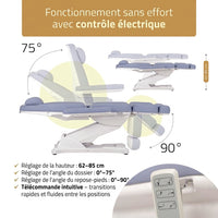 Réglages électriques du fauteuil esthétique Stella Premium lavande : hauteur 62 à 85 cm, dossier 0 à 75°, repose-pieds 0 à 90°, télécommande
