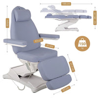 Dimensions du fauteuil esthétique électrique Stella Premium lavande : 185 × 57 cm, hauteur 62 à 85 cm