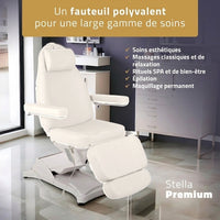 Fauteuil esthétique Stella Premium blanc albâtre, polyvalent pour soins esthétiques, massage, épilation et maquillage permanent