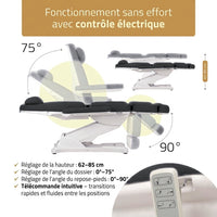 Réglages électriques du fauteuil esthétique Stella Premium noir asphalte : hauteur 62 à 85 cm, dossier 0 à 75°, repose-pieds 0 à 90°