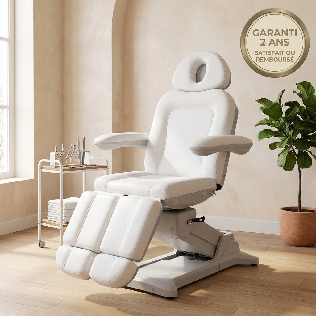 Fauteuil de pédicure et podologie électrique Celeste Deluxe blanc dans un cabinet de podologie, garanti 2 ans
