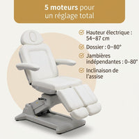 5 moteurs du fauteuil de pédicure Celeste Deluxe : hauteur 54 à 87 cm, dossier 0 à 80°, jambières indépendantes, inclinaison de l'assise