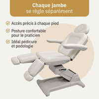 Jambières réglables séparément du fauteuil de podologie électrique Celeste Deluxe, une jambe levée et une baissée