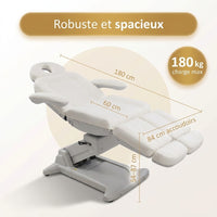 Dimensions du fauteuil de podologie électrique Celeste Deluxe : 180 cm de long, 60 cm de large, 84 cm avec accoudoirs, hauteur 54 à 87 cm, charge 180 kg