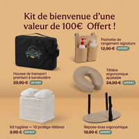 Kit de bienvenue offert de 100 € pour table de massage Colette : housse, pochette, têtière, repose-bras, protège-têtières