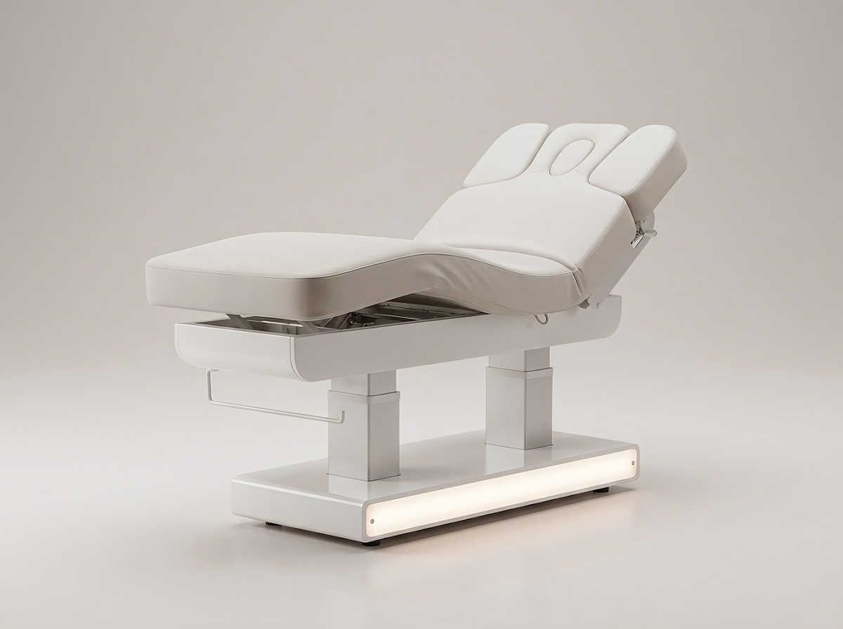 Table de massage électrique Léa · Lumière vue de trois quarts, laque blanche, sellerie blanc porcelaine