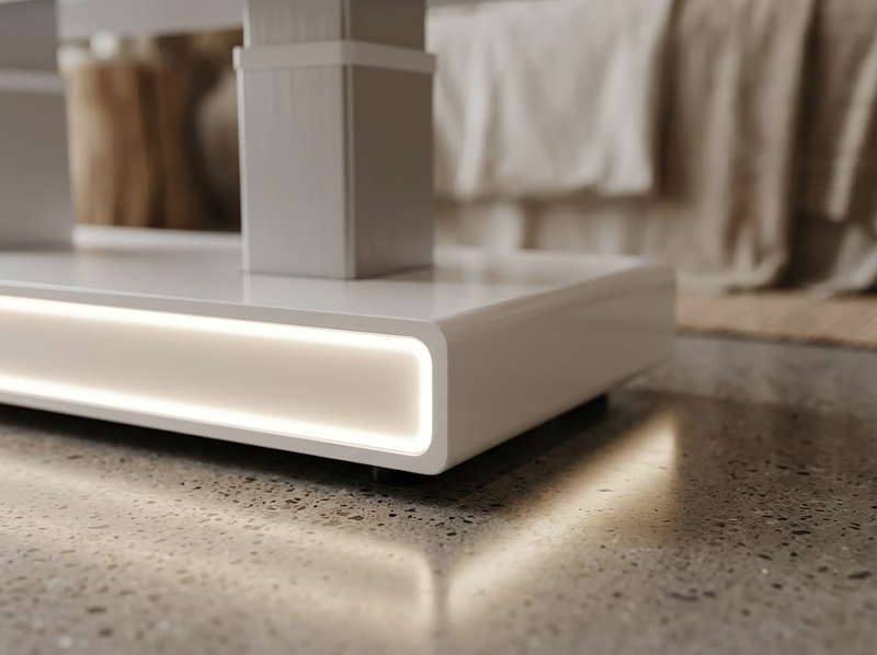 Détail du socle de la table Léa · Lumière, laque blanche