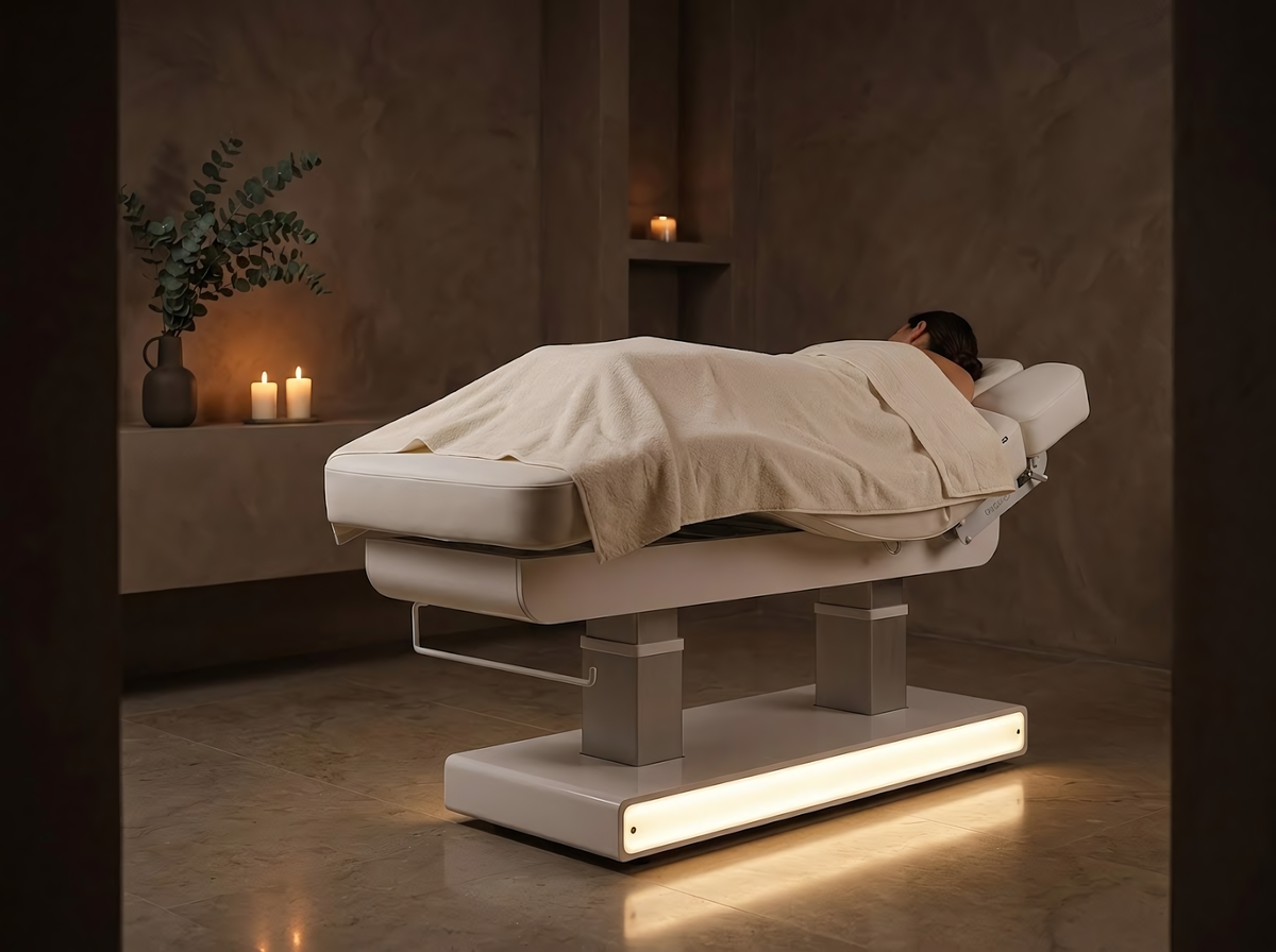 Table de massage électrique Léa · Lumière en ambiance spa, laque blanche, sellerie blanc porcelaine