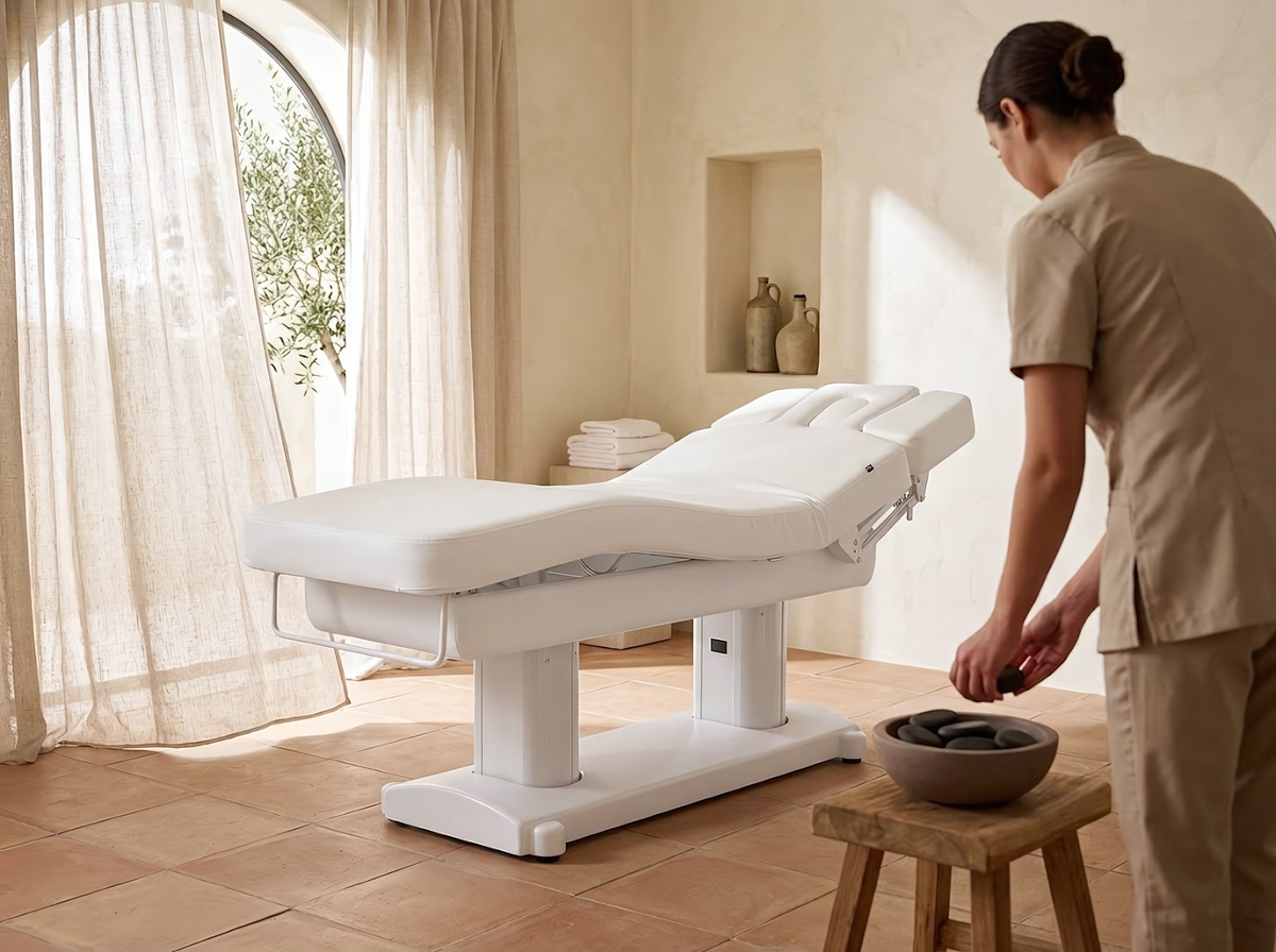 Table de massage électrique Nova · Laque en ambiance spa, laque blanche, sellerie blanc porcelaine