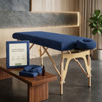 Set drap-housse éponge et housse de têtière assortie, coloris Bleu Majesté, pour table de massage pliante