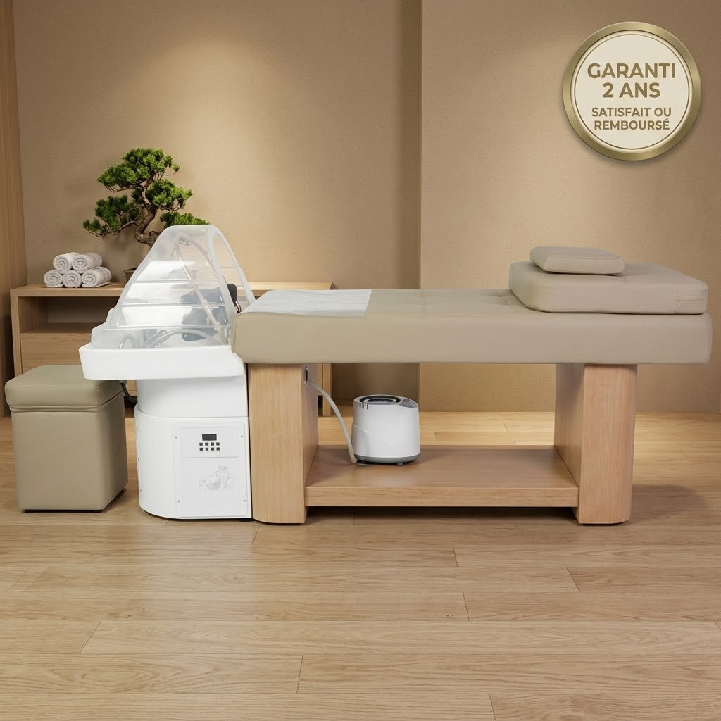 Table head spa professionnelle en bois Nina Deluxe avec bac à cascade, vapeur et tabouret, dans un spa, garantie 2 ans