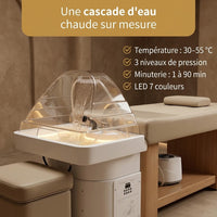 Cascade d'eau chaude de la table head spa Nina Deluxe : température 30 à 55 °C, 3 pressions, minuterie, LED 7 couleurs