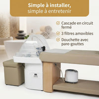 Bac de la table head spa Nina Deluxe : cascade en circuit fermé, 3 filtres amovibles, douchette avec pare-gouttes
