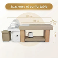 Dimensions de la table head spa Nina Deluxe : 205 cm de long, couchette 150 cm, 68 cm de large, hauteur 70 cm