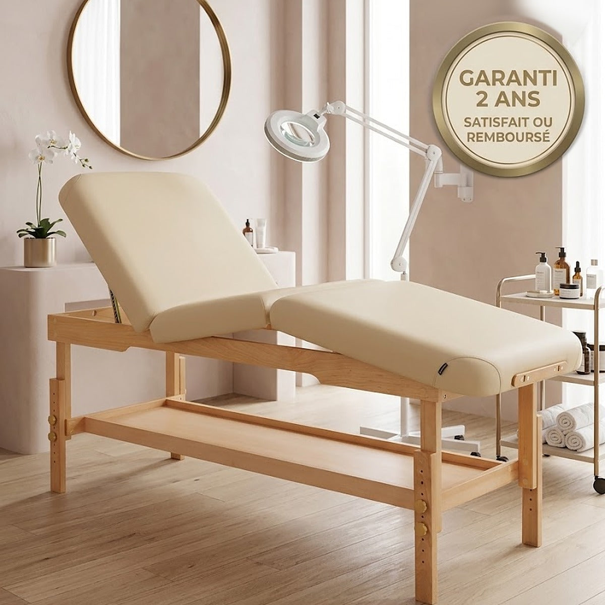 Table de massage et de soin esthétique fixe en bois Ines Premium, 3 sections, dossier relevé, dans un institut de beauté