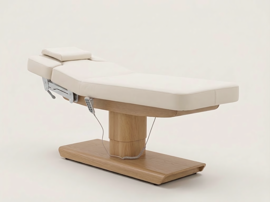 Table de soin spa électrique Table de soin spa électrique Ambre, colonne bois épurée, sellerie blanc perle, base chêne