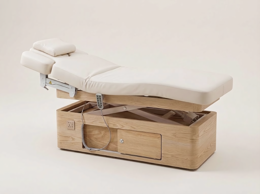Table de soin spa électrique Table de soin spa électrique Opale, coffre en bois avec rangement, sellerie blanc perle, base chêne
